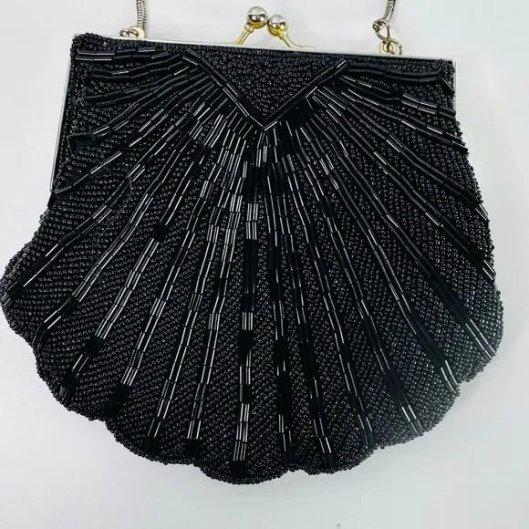 Vintage Unbranded Black Beaded Purse Handbag Collectible Silver Strap - Picture 4 of 7